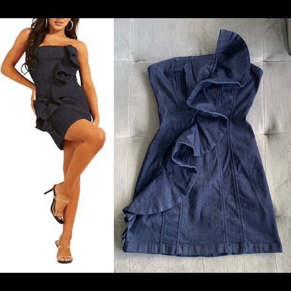NWT GUESS Denim Strapless Ruffle Dress